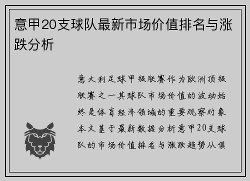 意甲20支球队最新市场价值排名与涨跌分析